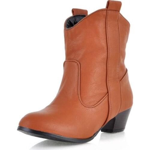 Western Woman Winter Martin Boots Round Toe Chunky Low Heels Leather Tacones Sexy Female Botines Motorcycle Short Shoes