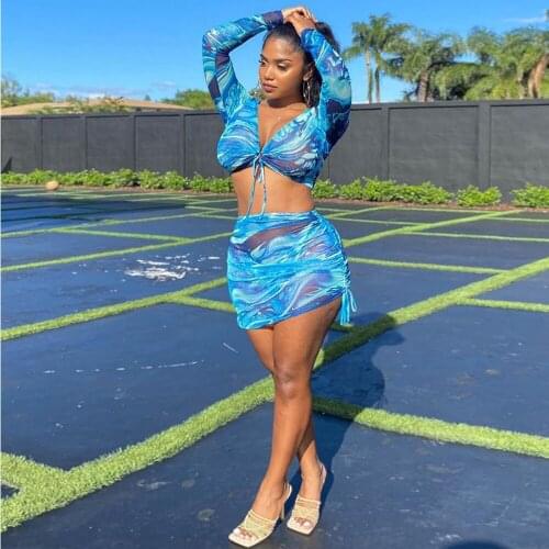 Casual Holiday Clothes Club Printed Two Pieces Sets Women Sexy Hot Summer Long Sleeve Crop Top and Slim Fit Mini Skirt Swimsuit