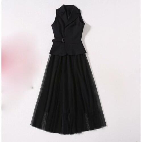 New HIGH QUALITY Stylish Fashion 2021 Designer Gauze Suit Sets Womens Solid Black Sleeveless Blazer Velet Strap Mesh Dress Set