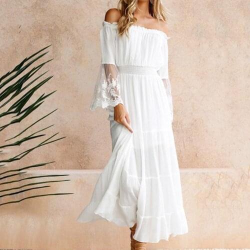 Beach Women Off Shoulder Lace Patchwork Solid Color Long Flare Sleeve Maxi Dress Wedding Party Dress