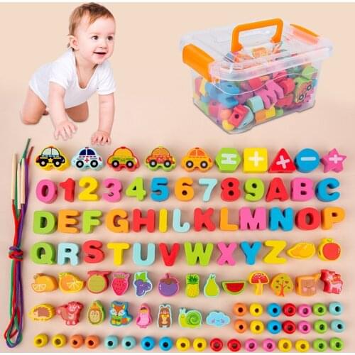 100 Blocks Cartoon Animals Fruit Number Letter Wooden Toys Stringing Threading Beads Game Educational Toy For Baby Kids Children