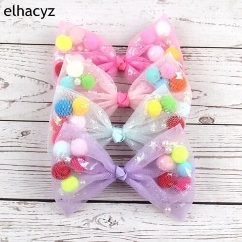 12pcs/lot Funky 4.5" Wool Ball Filling Sweety Girls Hair Bow Barrette Classical Handmade DIY Hair Accessories Hair Clip