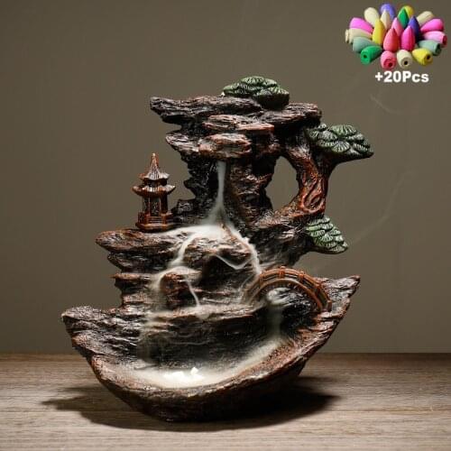 +20Pcs Incense Cones Incense Censer Waterfall Backflow Incense Burner Zen Resin Rockery Water Flowing Mountain View Ornaments