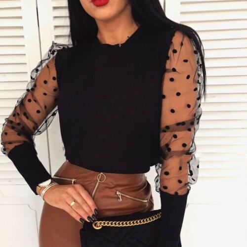 2020 Women Autumn Winter Sheer Tee Casual Shirts Mesh Puff Sleeve Blouse Slim Club Tops