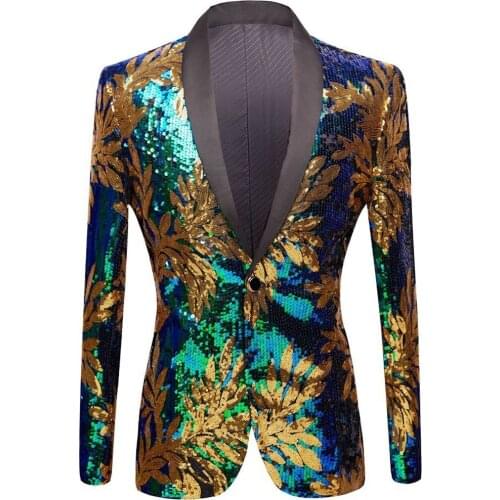 Mens Plus Size Glitter Gold Green Sequins Leaves Pattern Blazers DJ Night Club Singer Slim Fit Suit Jacket Host Stage Costume