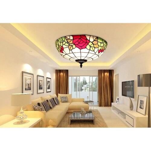 European Tiffany 8/12/16 inch retro Glass Mediterranean style pastoral Red/Pink Rose Ceiling Light luminaria For Home Decoration