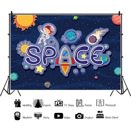 Cosmic Space Rocket Astronaut Theme Cartoon Backdrops Birthday Party Photo Background Decoration for Photography Props