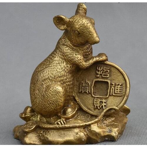Chinese Feng shui Pure Copper Brass Wealth YuanBao Coin Zodiac Year Mouse Statue
