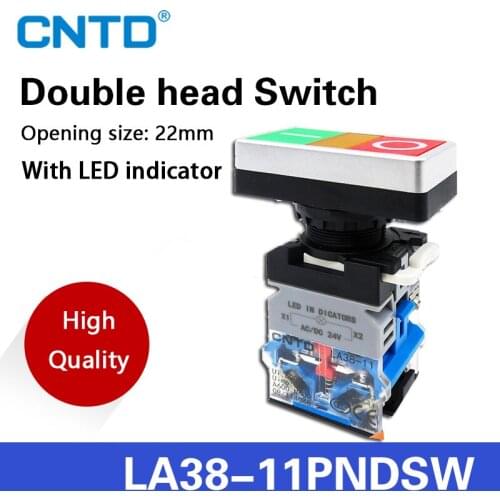 CNTD LA38 220V AC ON/OFF START STOP 1 NO NC 2 buttons LAY8E-11SD Momentary Double Head Push Button Switch With LIGHT 22mm