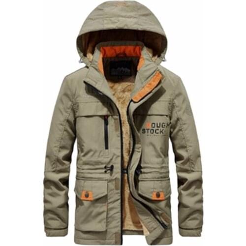 Fur hooded cargo bomber jackets coats winter jacket men thick wool liner warm streetwear army parka men multi-pocket windbreaker