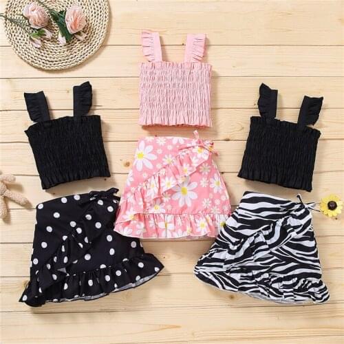 Girl’s Summer Two Piece Set Fresh Solid Color Suspender Tops and Printed A-line Short Skirt Casual Outfits for 2-5 Years
