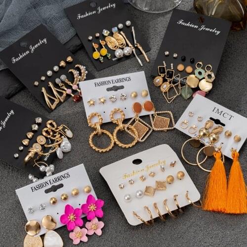 Fashion Gold Hoop Pearl Earrings Set For Women Vintage Statement Metal Geometric Circle Drop Earrings Brincos 2021 Trend Jewelry