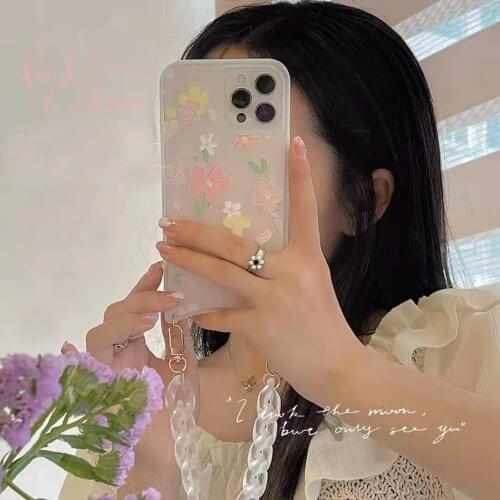 Fashion Pink Colored Gird Flower Chain Matte Phone Case For iPhone 11 12 Pro Mini Max 7 8 Plus X XS XR SE Bracelet Kawaii Cover