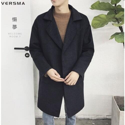 VERSMA 2018 Korean Style Snow Men Winter Long Jacket Coat Manteau Homme Tweed Black Wool Coats Men Overcoat Woolen Trench Coat