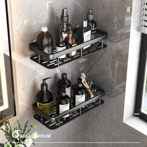 Drill Free Wall Mounted Bathroom Shelf Black Aluminum Square Shampoo Shelf Cosmetic Shelves Kitchen Nets Shelf Organizer Rack