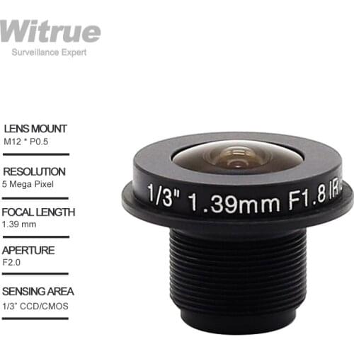 Witrue HD 5mp Fisheye Camera Lens 1.39mm M12 X 0.5 Mount 1/3" F2.0 185 Degree for IP Security Cameras