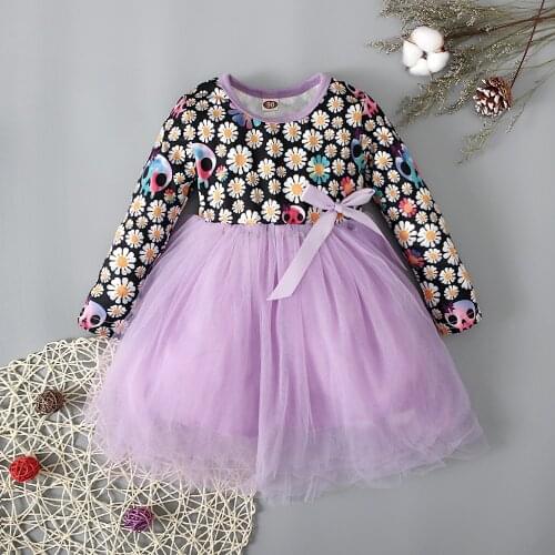 Girls Ghost Hollween Festival Girl Dress Daisy Printed Round Collar Long Sleeve Lace Up Bow Not Purple Splicing Cloth Dresses