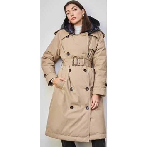 British Puffy Trench Coat Winter 90 White Down Jacket Women Hooded Long Thick Topcoat Warm Puffer Feather Female Parka With Belt