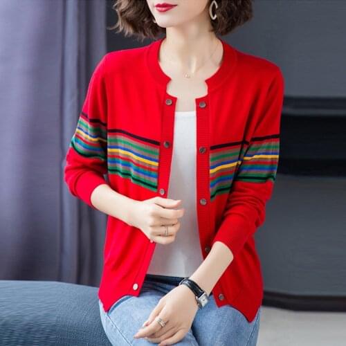Plus Size 4XL Stripe Kinttd Cardigans Women Round Neck Spring Autumn Short Sweater Top Casual Korean Long Sleeve Cardigans Coat
