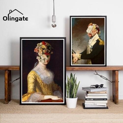 Retro Woman and Soldier Poster Collage Surreal Art Canvas Painting Flower Veil Portrait Wall Art One Piece Picture Home Decor