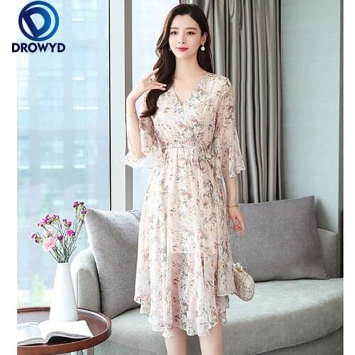 Pink Print Floral Chiffon V-neck Women Dress Elastic Waist A-line Chic Dresses Elegant Slim Ruffle Summer Party Dress Vestidos