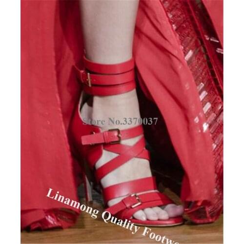 Linamong Fashion Open Toe Straps Cross Stiletto Heel Gladiator Sandals Green Red Leather Ankle Wrap High Heel Sandals Dress Shoe