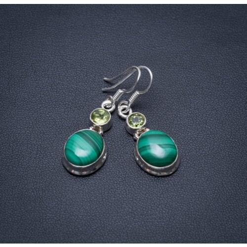 Natural Malachite and Peridot Punk Style 925 Sterling Silver Earrings 1 1/2" S1462