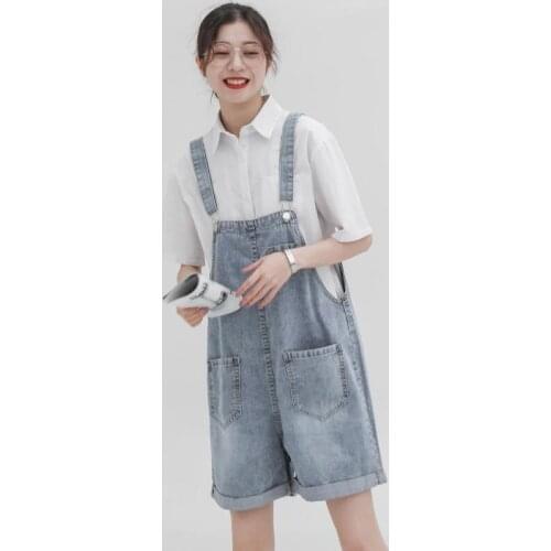 2021 Women Spring Summer Korea Denim Overalls Shorts Loose High Waist Pocket Cowboy Rompers Female Jean jumpsuit Shorts w255