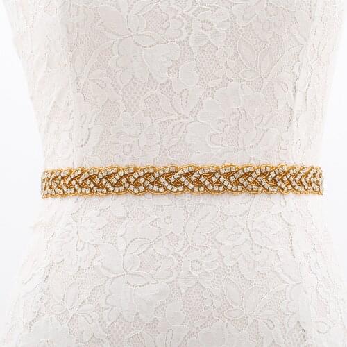 SESTHFAR Wedding Rhinestone Applique Beaded Belt Sash Gold Crystal Bridal Belt Cintos Feminino For Dress Accessories