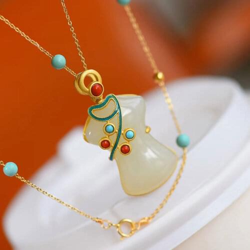 Hotian Jade Pendant Cheongsam for Women S925 Pure Silver Embeded Jade Necklace Jade Pendant Gift for Mother
