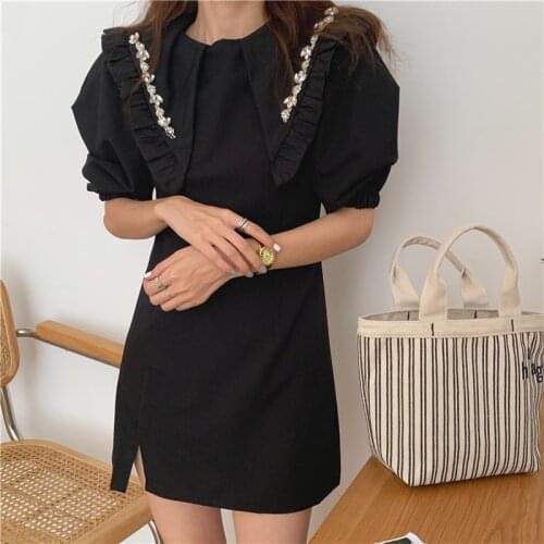 2021 Summer Vintage Pleated A-Line Vestidos Woherb Elegant Beading Turn-Down Collar Dresses Puff Sleeve Casual Women Dress