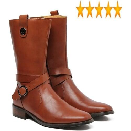 Mid-Calf Winter Safety Men Work With Buckle New Genuine Leather Black Brown Shoes Male Cowboy Riding Boots Zapatos Hombre