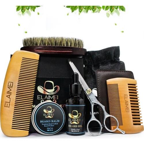 6pcs Beard Grooming Kit Essential Oil Balm with Scissor Comb Brush for Men Daily Care Random Style