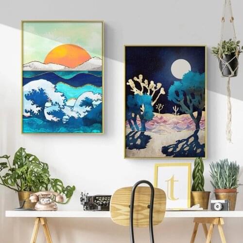 Japanese Style Abstract Landscape Mountain Sunrise Crane Octopus Canvas Painting Posters and Prints Wall Art Picture Home Decor