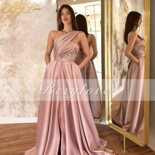 Berylove Long Satin A-Line One Shoulder High Split Pleat Evening Dresses Elegant Formal Gowns Vestidos