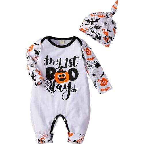 2021 Infant Baby Boy Girl Autumn Halloween Romper Suit Set Cartoon Patterns Print Round Neck Long Sleeve Romper Hat 0-12M