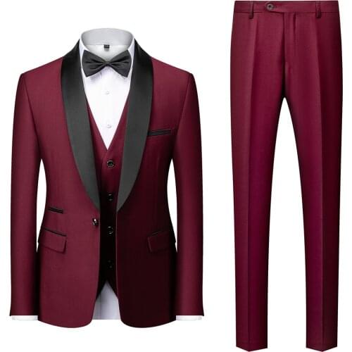 Custom Made Burgundy Business Mens Suits 3 Piece Fashion Design Groom Wedding Dress Slim Fit Mens Tuxedo Suit Jacket+Vest+Pants