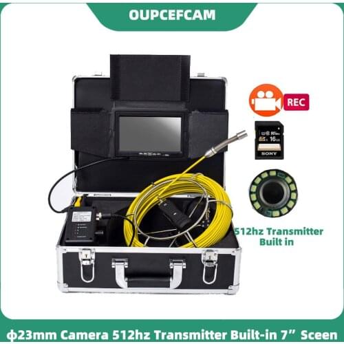 Φ23mm Camera With 512hz Transmitter Built-in 7" Screen Drain Pipe Sewer Inspection Endoscope System DVR φ5mm Fiberglass Cable