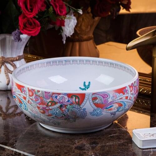 China Artistic Handmade porcelain Round bathroom counter top ceramic Bathroom basin sink chinese wash basin bathroom sinks