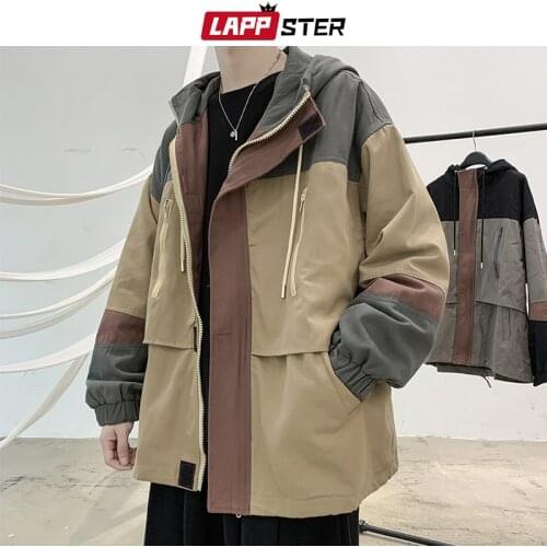 LAPPSTER Men Patchwork Korean Winter Cargo Jackets Coats 2020 Winter Army Green Windbreaker Japanese Streetwear Hoooded Jackets