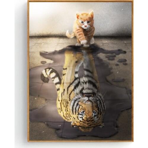 Cute Animals Cat Reflection Tiger Canvas Painting Art Print Poster Picture Wall Modern Minimalist Bedroom Living Room Decoration