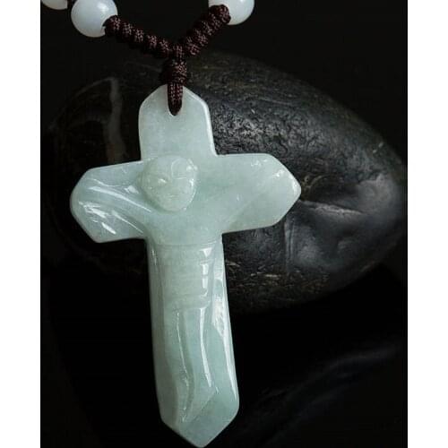 Natural Jade Emerald Jesus Cross Luck Bead Pendant Charm Jewellery Fashion Accessories Hand-Carved Man Woman Amulet Gifts