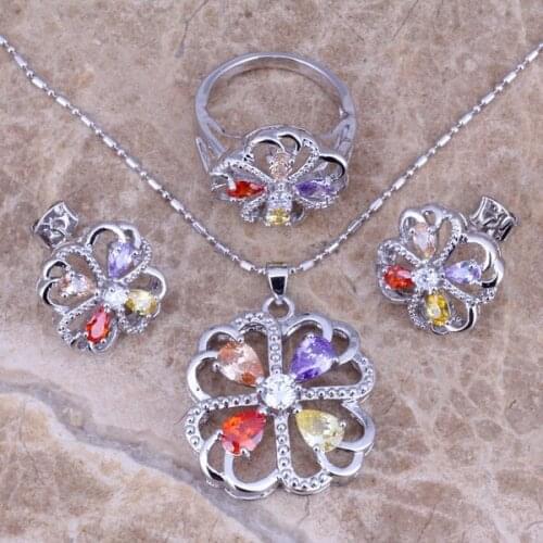 Alluring Multicolor Purple Cubic Zirconia Silver Plated Jewelry Sets Earrings Pendant Ring Size 6 / 7 / 8 / 9 / 10 S0159