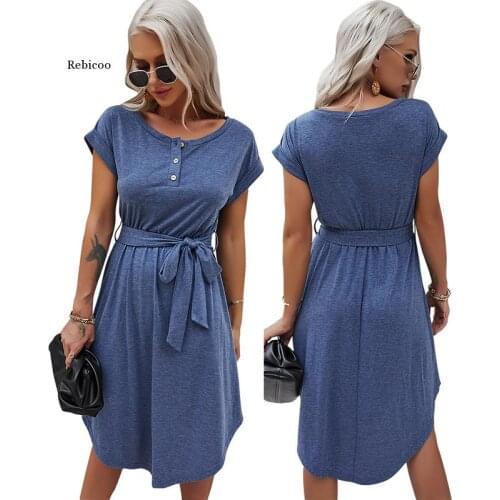 Womens Summer Dress Casual Solid o Neck Button High Waist Lace Up Loose Cotton Dress Female Short Sleeve Irregular Hem Dresses