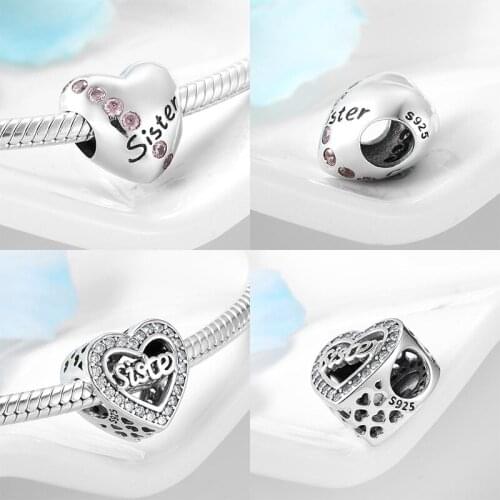2021 Fit Authentic 925 Sterling Silver Fine Charms Original Sister Clear CZ Hearts Beads for Women Girl Valentines Day Gift