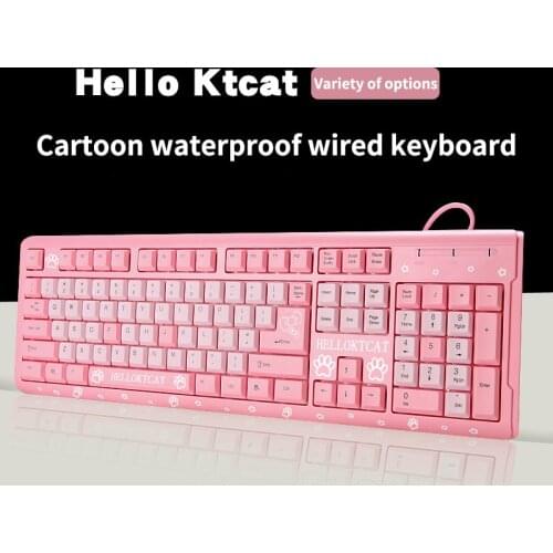 Helloktcat Pink 104 Wired Keyboard Cute USB Ultra-thin Cartoon Cat Home Laptop Keyboard Office Gaming Peripheral Electronics USB