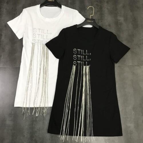 2020 Spring Summer long cotton t-shirt women New Water Drill Chain Short Sleeve Tassel short sleeve top tees