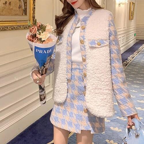 Women Winter New Korean Woolen Jacket + Plaid Skirt Two-Piece Sets Vintage Fashion Office Lady Blue Plaid Suits faldas conjuntos