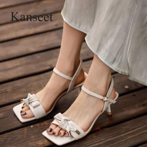 Kanseet Handmade Buckle Strap Bow-Tie Women Sandals Summer Genuine Leather Women Shoes Daily High Heels Sandals Women 2021 New