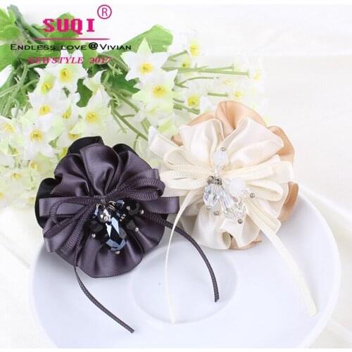 Women Elegant Pure Colors Handmade Flowers Ribbon Bows with Shiny Beads Brooch for Birthday Parties
